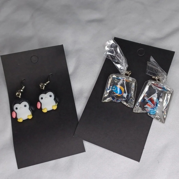 Hand Crafted Jewelry - Handmade penguin and fish in a bag earrings